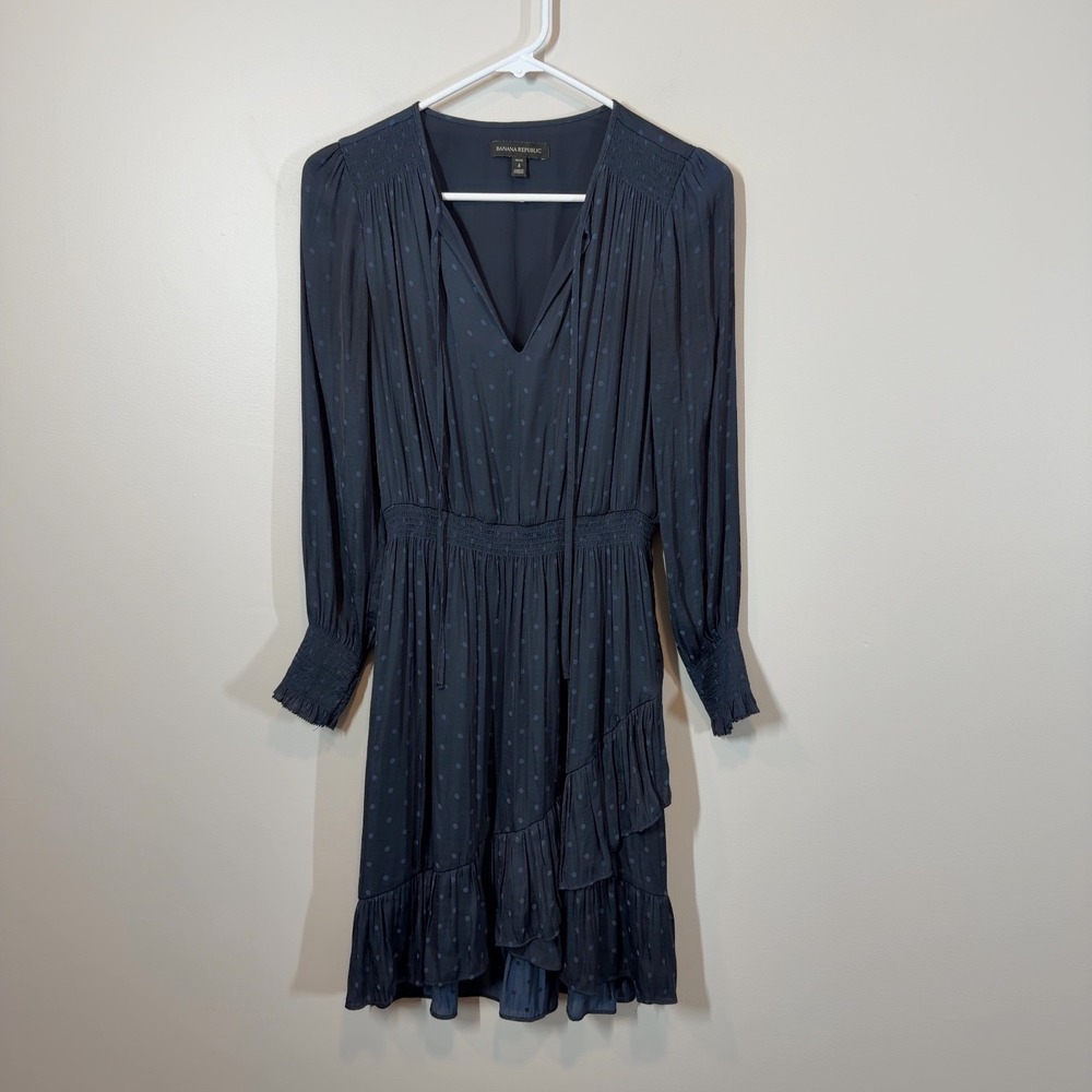 Banana Republic Navy Blue Polka Dot Dress Size 4 Petite Ruffle Mini L/S Preppy